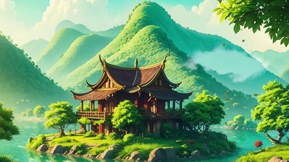 国风云雾仙境山水木屋