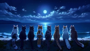 夜晚海边的猫咪
