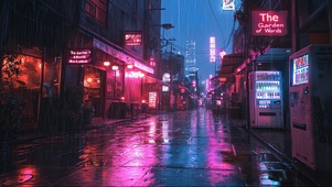 霓虹城市街道雨夜