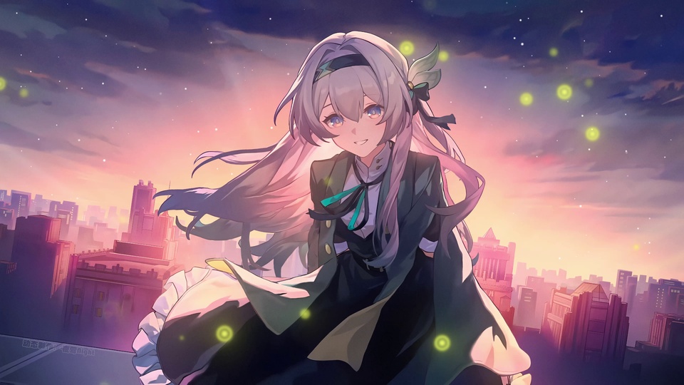银粉长发少女站在暮色笼罩的城市上空，画面飘散暖黄色萤火光斑，粉紫渐变的黄昏天空点缀着细碎星点。