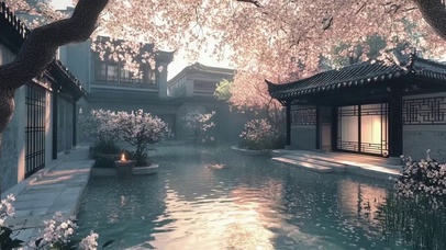 朦胧春日浪漫庭院风景