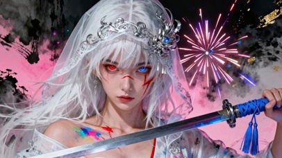 异瞳银发剑姬烟花下奇幻战斗美学