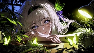 夜晚萤光书桌银发美少女