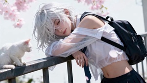 银发校服少女与白猫的治愈邂逅