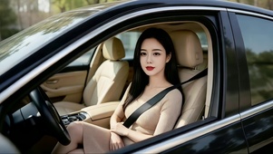 黑色轿车里米色连衣裙的美女