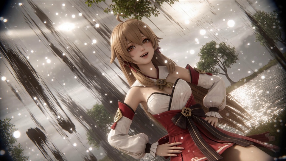 浅棕长发少女身着红白露肩服饰立于飘雪河畔，背景是泛光水面与绿树。