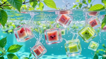 夏天掉进水里的水果冰块