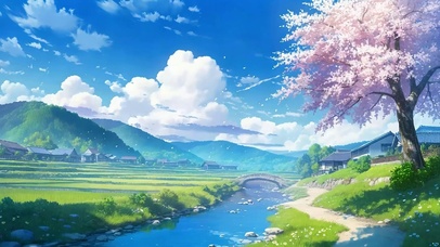 蓝天白云樱花树木河流