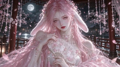 粉色古风兔耳美少女月下赏樱
