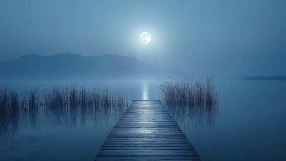 静谧圆月迷雾湖畔码头