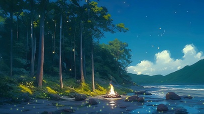 静谧森林篝火夜景