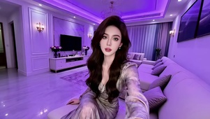 浅紫色调客厅里的紫衣美女