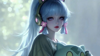 蓝发樱花猫耳耳机美少女
