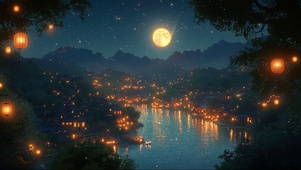圆月夜空湖泊古城小镇