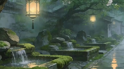 古风夜景雨天带鱼屏