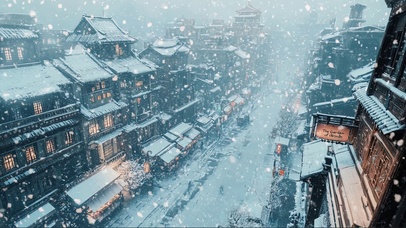 俯瞰古城冬日飘雪风景