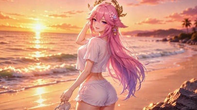 日落海滩粉发女孩八重神子