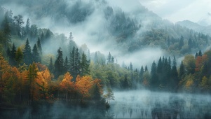迷雾枫林湖泊