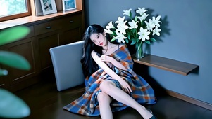 百合花架前小憩的美女