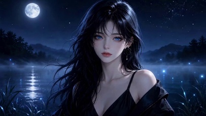 月夜河畔蓝眼黑发美少女