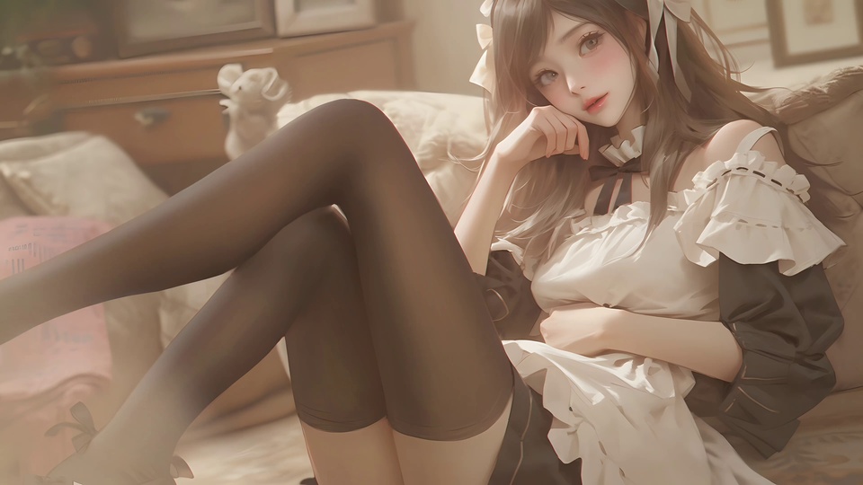 3D二次元插画，长发女仆少女斜靠米色沙发，身着黑白露肩女仆装与黑色过膝丝袜，手肘托脸看向镜头