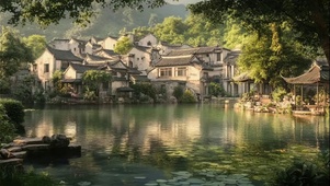 落日古城唯美湖畔风景