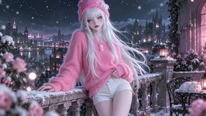 粉色冬夜美女