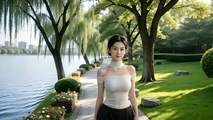 公园人工湖畔小道走来的美女