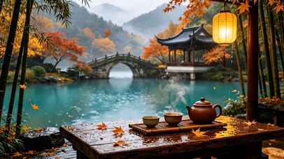 落叶湖边雨景