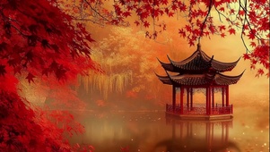 秋日朦胧枫叶湖畔古亭