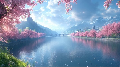 蓝天阳光樱花小镇河岸