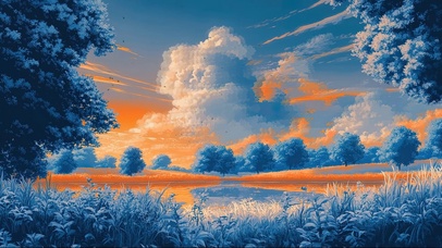 秋日黄昏蓝色静谧森林