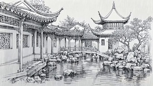 【雨景】素描园林