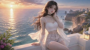 日落海滨温柔气质美女