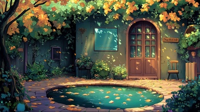 静谧午后童话小屋池塘