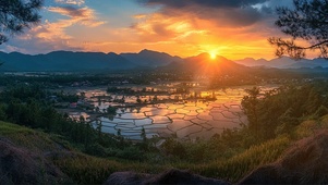 落日山谷水田