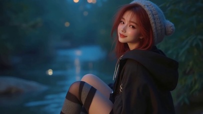 溪水边的橘发少女