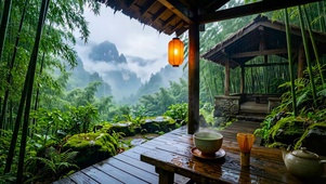 木屋雨天山水
