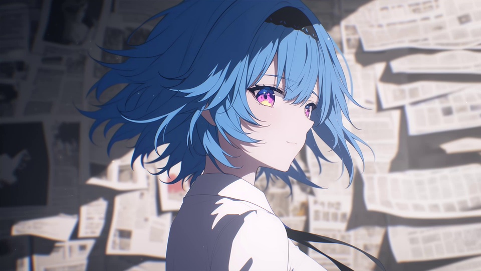 日系二次元平涂画风画面，留蓝短发的少女侧颜朝向画面右侧，紫粉渐变眼瞳，背景是错落铺满印刷报纸的墙面，整体以冷蓝、紫粉、米白三色构成。