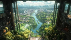 俯瞰城市绿色溪流建筑