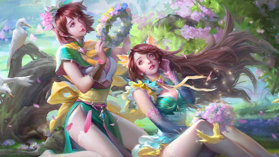 花树间两名身着绿黄服饰的棕发少女，周边飞鸟环绕花瓣飘落