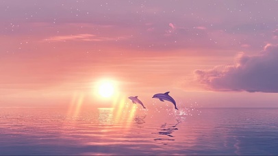 梦幻粉色海洋落日海豚