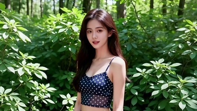 茂密绿化林旁的长发美女