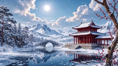 雪落寒江冬景