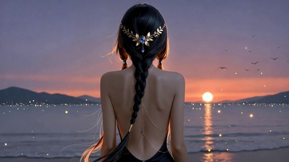 海边日落唯美少女背影
