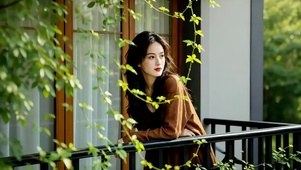 撑在阳台护栏处赏景的美女