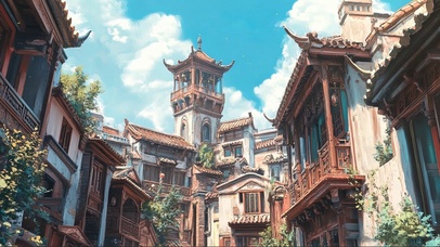 仰望夏日古镇建筑蓝天