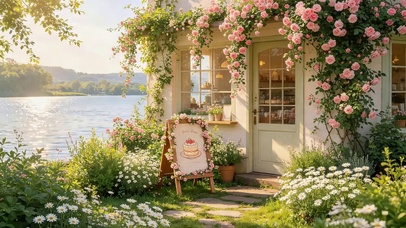 湖边鲜花小屋