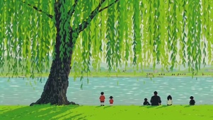 治愈插画，河边柳下