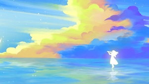 湖面月亮祥云小提琴
